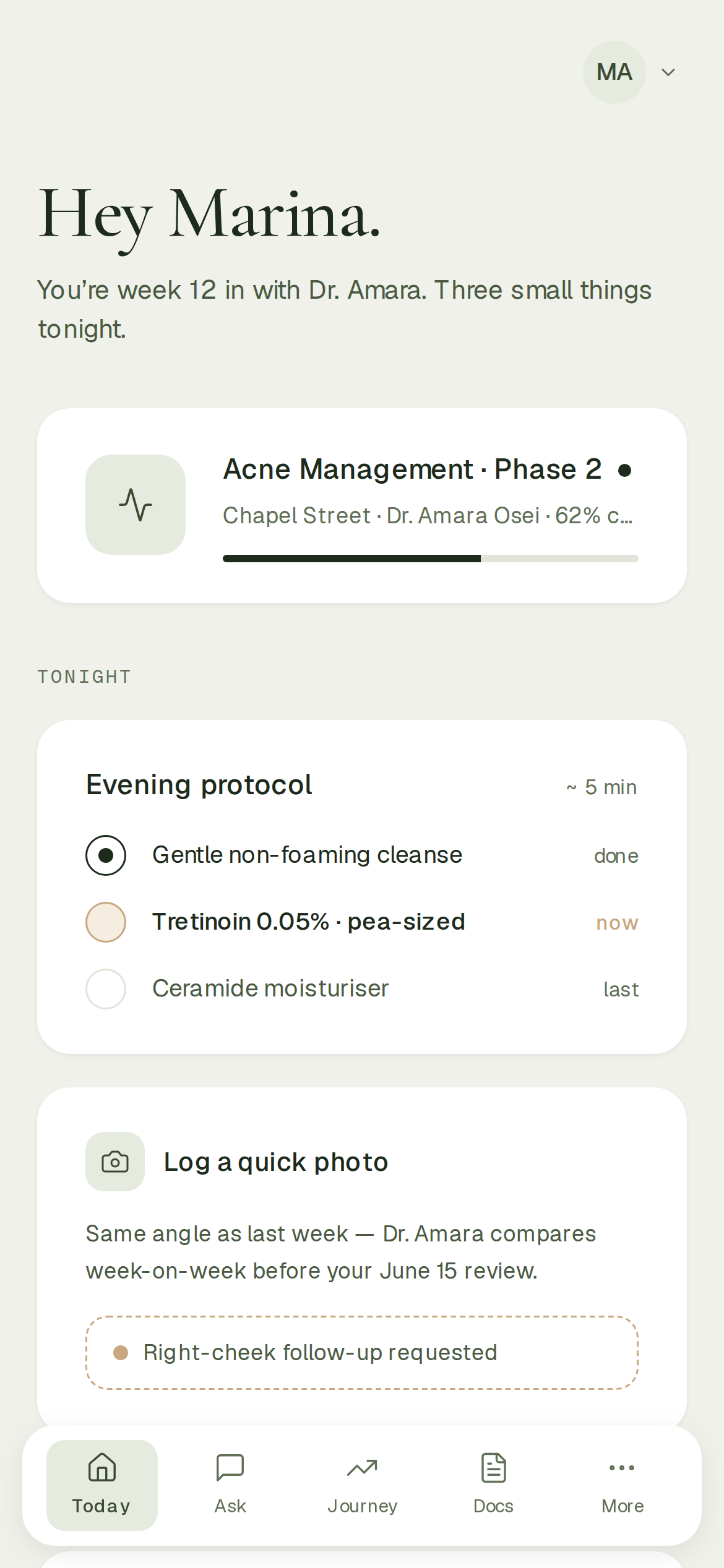 The patient app: tonight's protocol, a photo to log, and how far the treatment has come